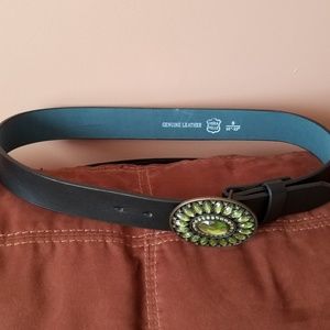 Black leather belt with stoned buckle